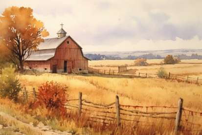 A watercolor painting of a barn and a fence