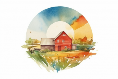 A watercolor painting of a red barn
