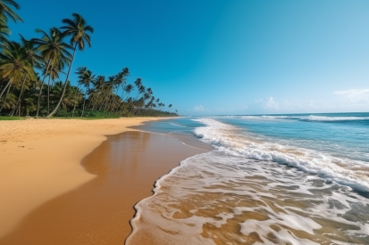 A beach with waves and palm trees