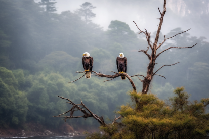 Two bald eagles perched on a tree branch