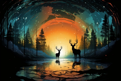 two deer standing in a lake with trees and a sunset