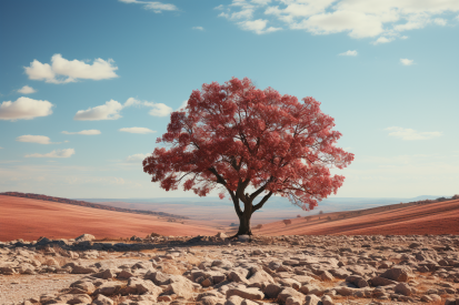 A tree with red leaves in a rocky landscape