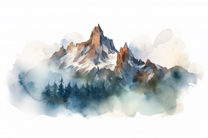 Watercolor of a mountain with trees and clouds