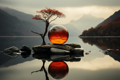 A tree and a sphere on a rock in water