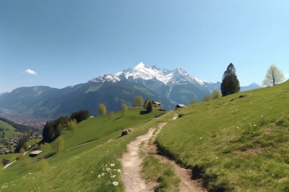 A path in a grassy field with a snowy mountain in the background