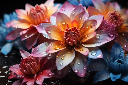 A group of colorful flowers with water droplets
