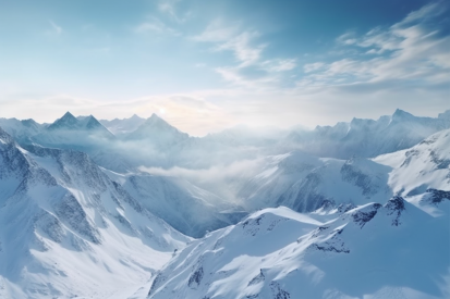 A snowy mountain range with clouds
