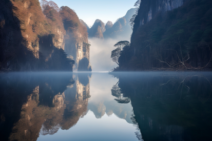 A body of water with trees and mountains in the background