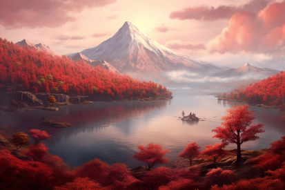 A lake with red trees and mountains