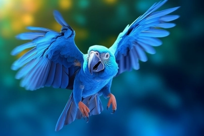 A blue parrot flying in the air