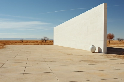 A white wall with a vase on the ground