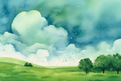 A watercolor of a landscape with trees and clouds