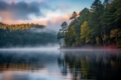 A lake with trees and fog