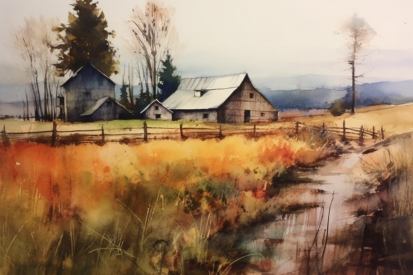 Watercolor painting of a farm with a fence and a house in the background