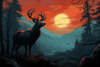 a deer with antlers standing on a hill with a sunset in the background