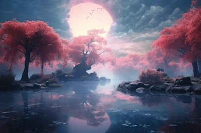 A lake with pink trees and birds flying in the sky