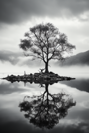 A tree on a small island in the middle of a lake