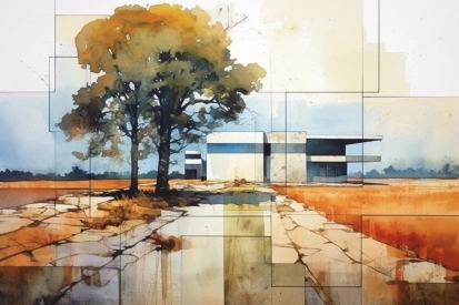 A watercolor of a building and a tree