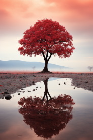 A tree with red leaves in a puddle