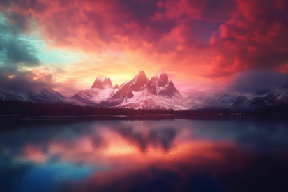 A lake with mountains and a colorful sky