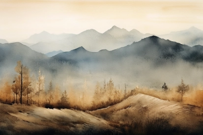 A watercolor of a landscape with mountains and trees