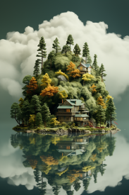 A house on a small island surrounded by trees and clouds