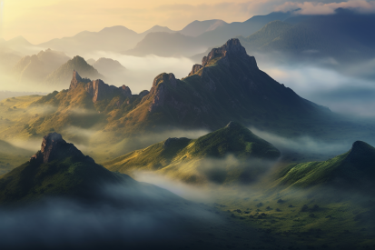 A mountain range with fog