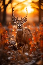 a deer with antlers standing in a field of orange leaves