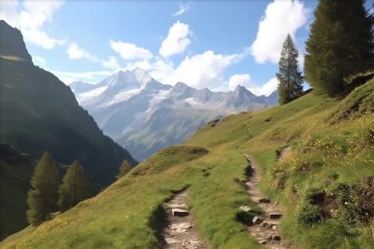 A path in a grassy valley with mountains in the background