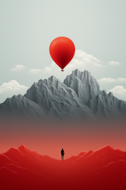 A person holding a balloon above a mountain