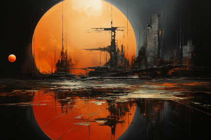 A city with a large orange moon