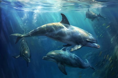 A group of dolphins swimming in the water