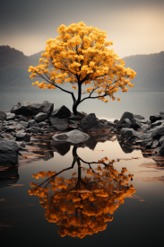 A tree with yellow leaves on rocks in water