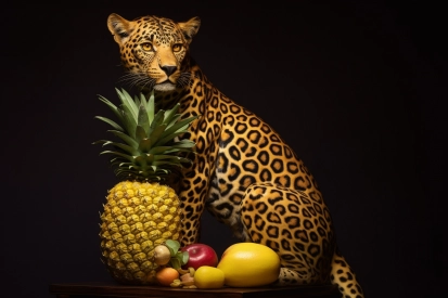 A cheetah sitting next to a pineapple and fruit