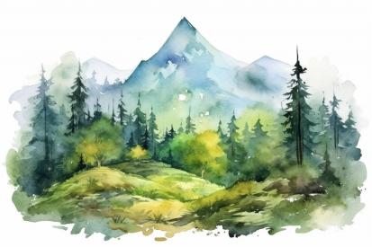 Watercolor of a mountain and trees