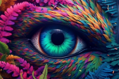 A colorful eye with colorful feathers