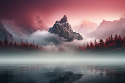 A mountain range with fog and clouds