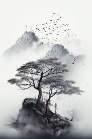 A tree on a rock with birds flying in the sky