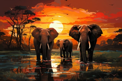 a group of elephants in water with sunset