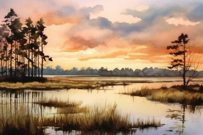 Water with trees and grass in the foreground