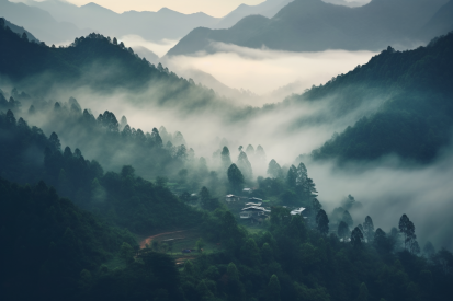 A foggy mountain landscape with houses and trees