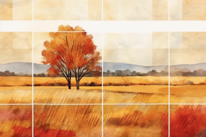 A painting of a tree in a field