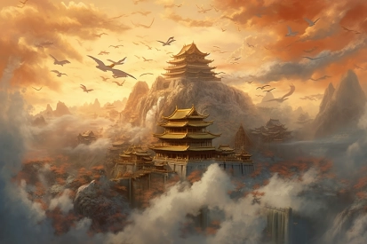 A temple on a mountain with birds flying in the sky
