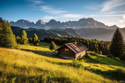 A cabin in a grassy field with mountains in the background