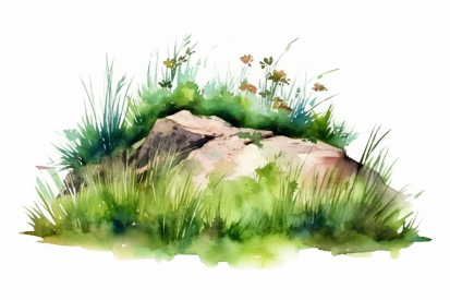 A watercolor painting of a rock surrounded by grass