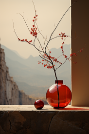A red vase with a branch in it and a ball in front of a window