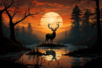 a deer standing on a rock in a river with a sunset