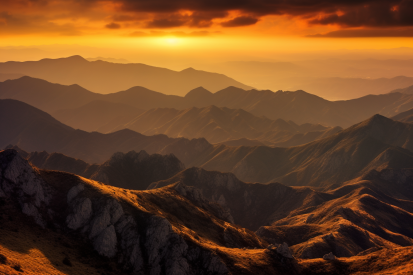 A mountain range with orange and yellow sky