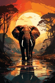 an elephant walking in water with trees and a full moon