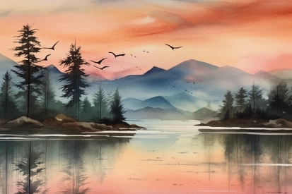 A watercolor painting of a lake with mountains and trees